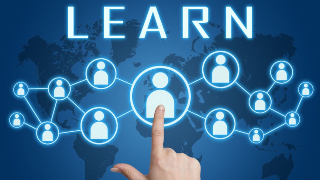 Auf dem Bild sieht man einen Touchscreen. Dieser Touchscreen wird mit einem Zeigefinger bedient. Auf dem Screen ist das Wort "Learn" in Grossbuchstaben sichtbar. Darunter hat es mehrere Personen Icons, sie durch Linien mit einander verbunden sind. Die Schrift, sowie die Icons und die Linien sind weiss. Der Hintergrund ist blau.