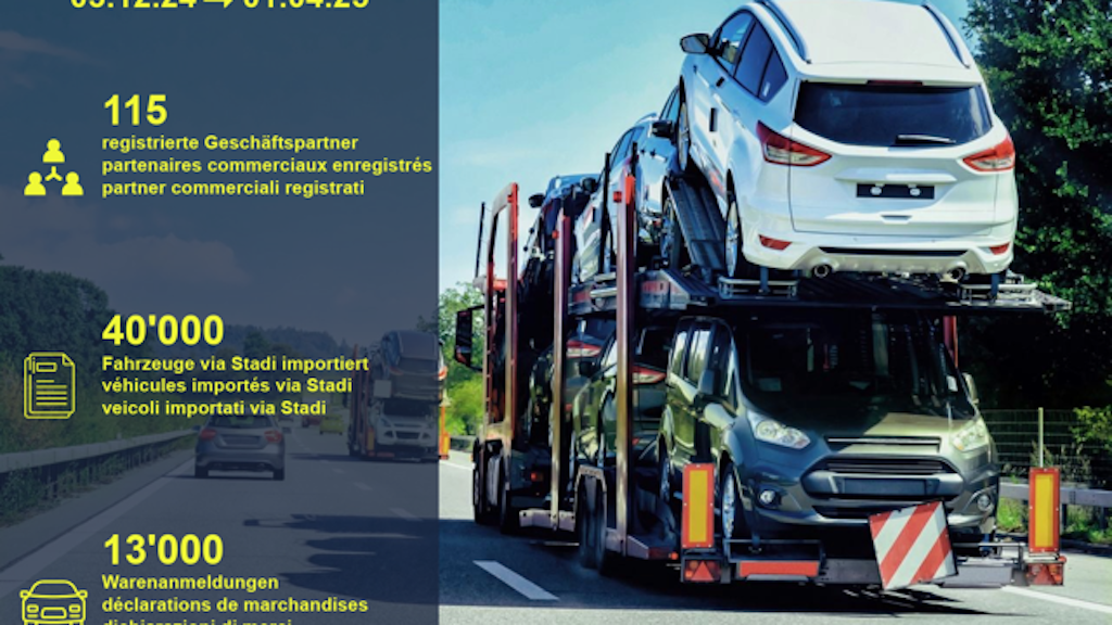 Un transporteur de voitures circule sur l'autoroute avec plusieurs véhicules. À gauche, des données statistiques sur les importations via Stadi entre décembre 2024 et avril 2025.