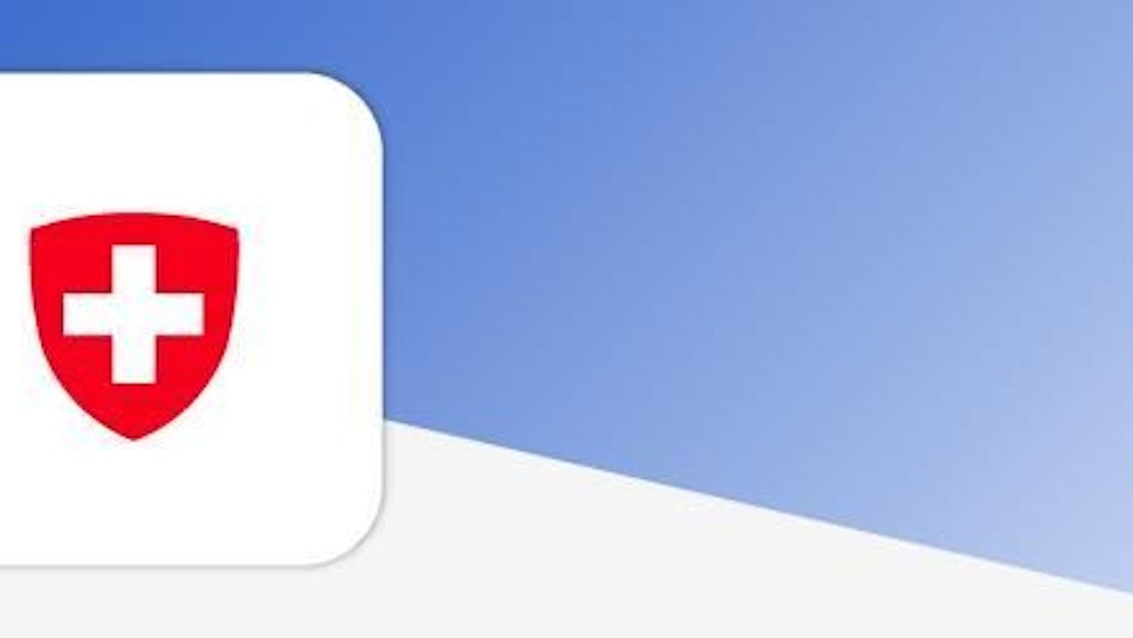 Ein Schweizer Wappen mit einem weißen Kreuz auf rotem Hintergrund. Das Wappen ist auf einem blauen und weißen Hintergrund platziert.