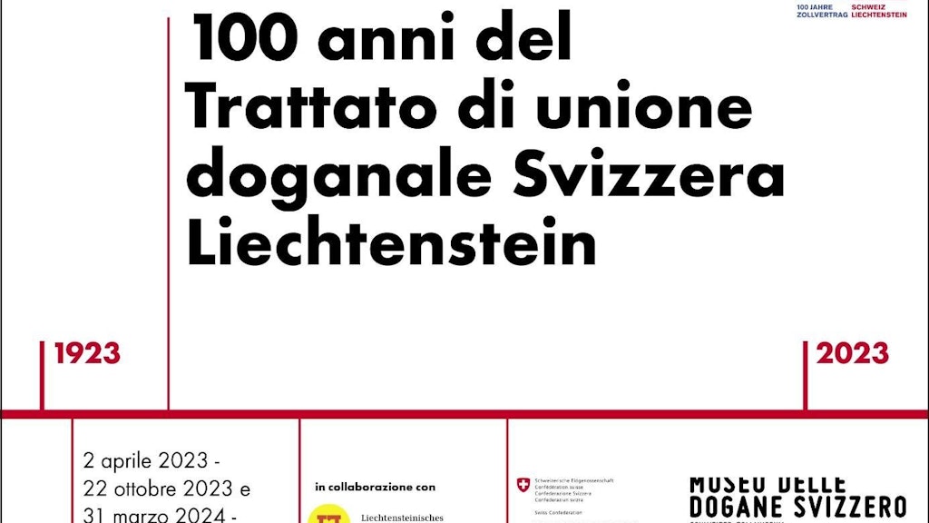 Locandina della mostra speciale "100 anni del Trattato di unione doganale Svizzera Liechtenstein" al museo doganale svizzero. La mostra si svolge dal 2 aprile 2023 al 22 ottobre 2023 e dal 31 marzo 2024 al 20 ottobre 2024.