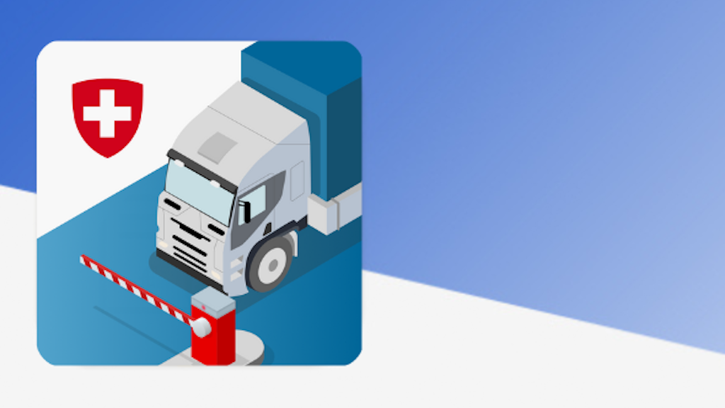 Un camion se trouve à un poste de douane avec une barrière et un écusson suisse. La scène est représentée de manière stylisée et graphique.