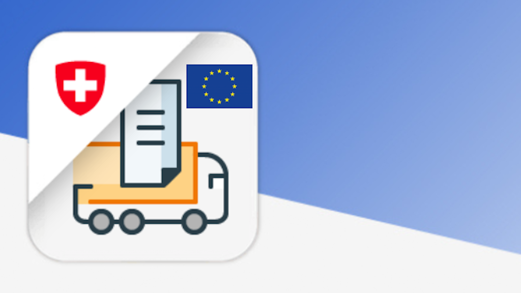 Un symbole avec un camion, un document et les drapeaux de la Suisse et de l'UE. Il représente le processus douanier pour les camions entre la Suisse et l'UE.