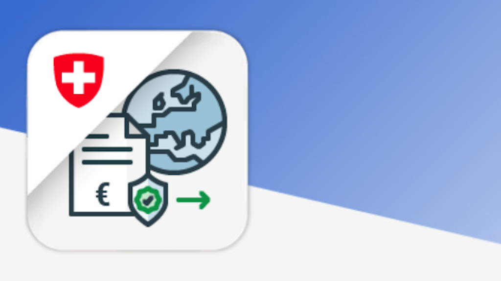 Une icône avec une croix suisse, un document avec symbole euro et un globe.