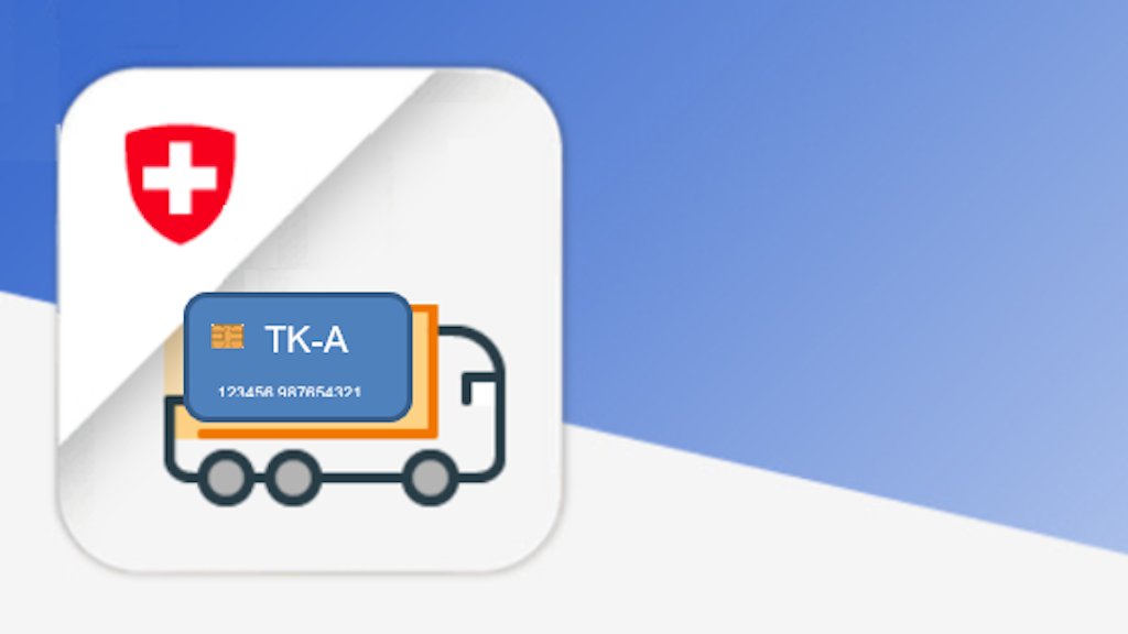 Une icône montre un camion avec un panneau douanier et un emblème suisse. Le panneau porte l'inscription "TK-A" et un numéro.