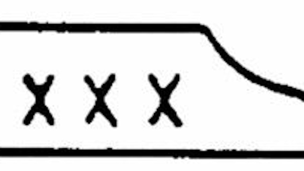 Un semplice simbolo con tre X al centro. Ha un bordo inclinato sul lato destro.