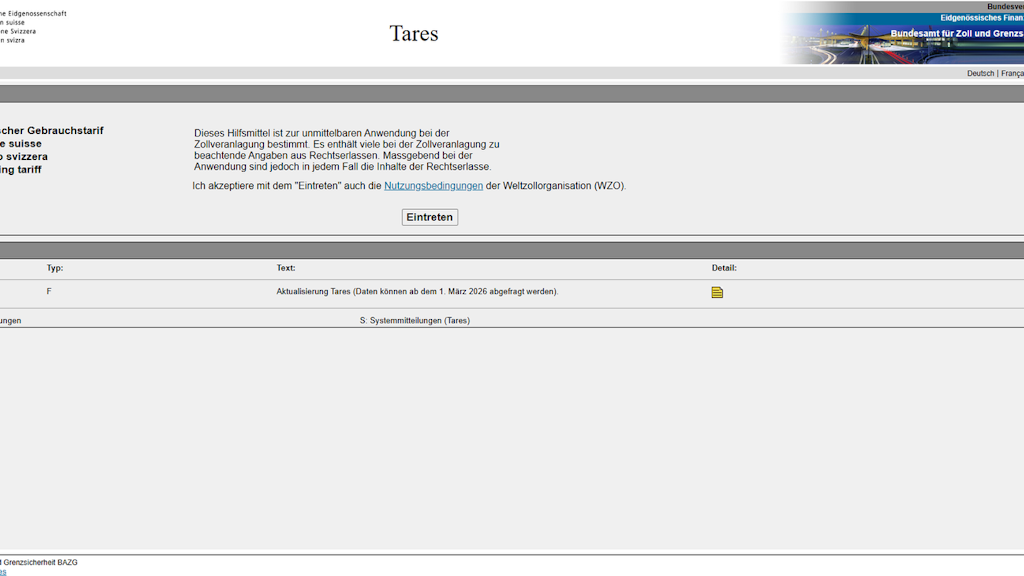 Screenshot of the Tares website from the Federal Office for Customs and Border Security with information about the Swiss working tariff. The page displays instructions for use in customs assessment and a notice about an update from March 2026.