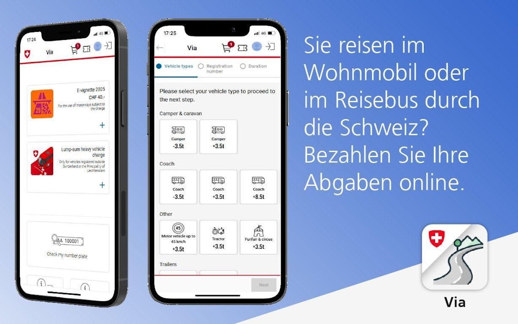 Zwei Smartphones zeigen die Via App, die zur Online-Zahlung von Abgaben in der Schweiz genutzt wird. Die App bietet Optionen für verschiedene Fahrzeugtypen. 