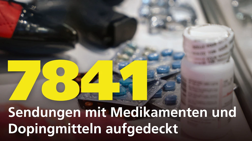 Im Vordergrund ist die Zahl 7841 in grossen gelben Ziffern zu sehen. Dahinter liegen verschiedene Medikamente in Tablettenform und eine weisse Medikamentenflasche. Der Text weist darauf hin, dass 7841 Sendungen mit Medikamenten und Dopingmitteln entdeckt wurden.