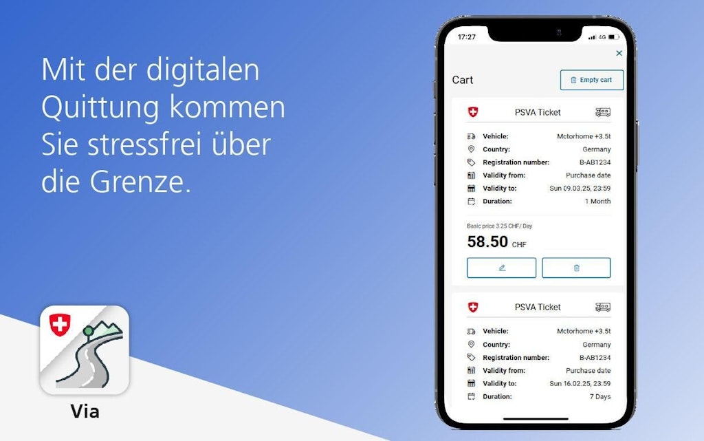 Ein Smartphone zeigt eine digitale Quittung für ein PSVA-Ticket. Der Text daneben besagt, dass man mit der digitalen Quittung stressfrei über die Grenze kommt. 