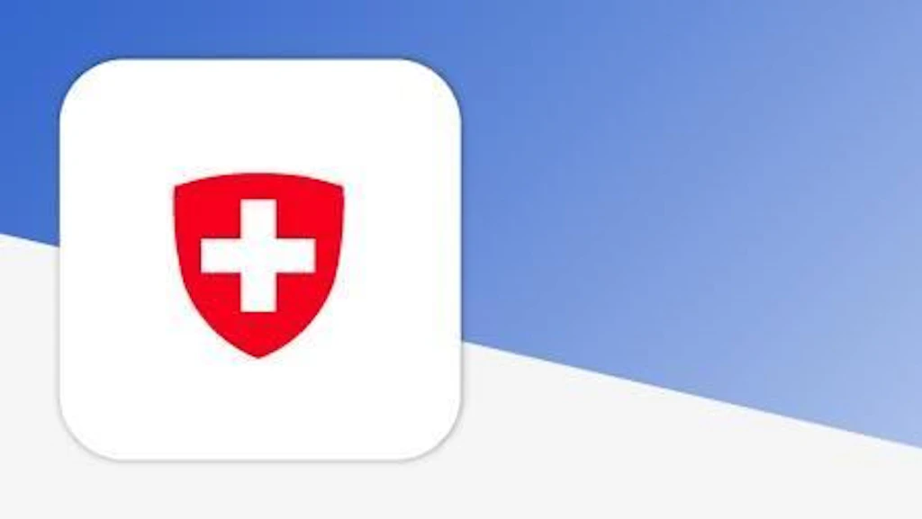 Ein Schweizer Wappen mit einem weißen Kreuz auf rotem Hintergrund. Das Wappen ist auf einem blauen und weißen Hintergrund platziert.