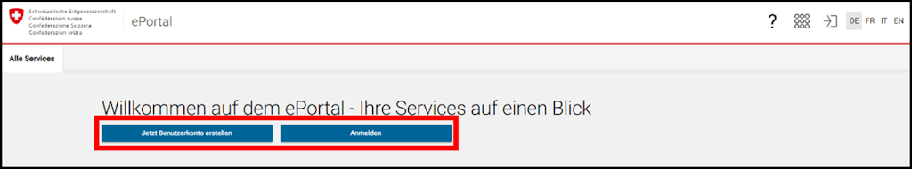 Die Startseite des ePortals der Schweizerischen Eidgenossenschaft zeigt zwei Hauptoptionen: Benutzerkonto erstellen und Anmelden.
