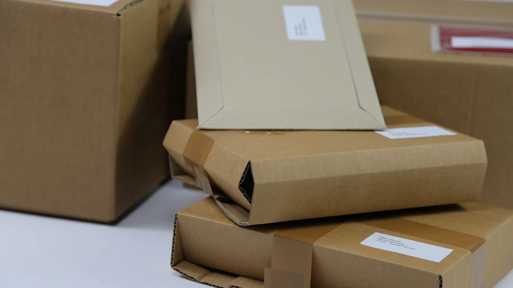 Mehrere braune Pakete in unterschiedlichen Grössen und Formen stehen auf einem weissen Untergrund. Die Pakete tragen weisse Adressetiketten.