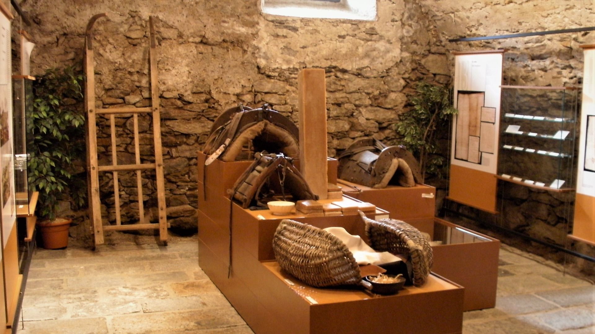 Eine Ausstellung in einem historischen Museum zeigt alte landwirtschaftliche Werkzeuge und Geräte. 