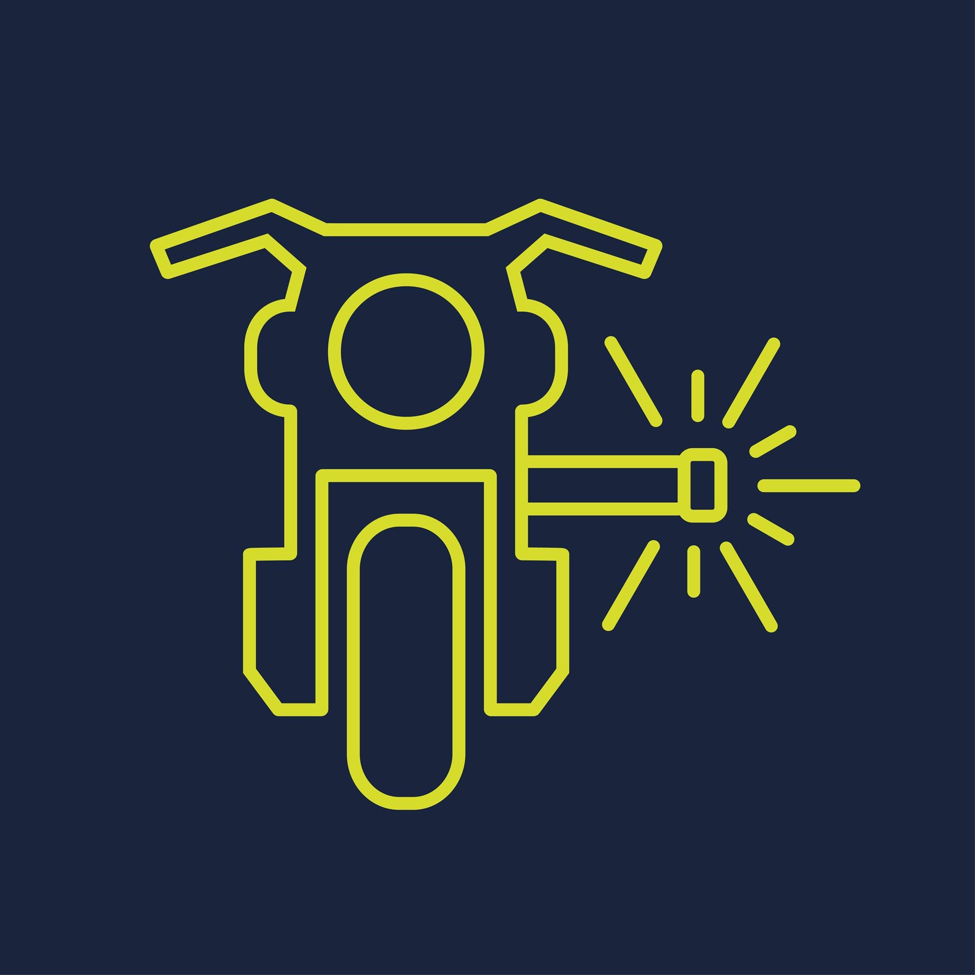 Gelbes Motorrad mit Warnsymbol auf blauem Hintergrund