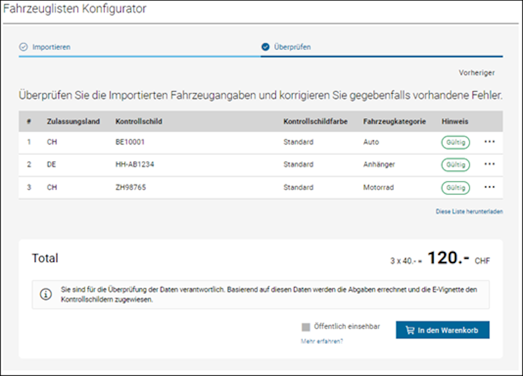 Bildschirmansicht eines Fahrzeuglisten Konfigurators mit importierten Fahrzeugangaben. Die Tabelle zeigt Zulassungsland, Kontrollschild, Kontrollschärfe, Fahrzeugkategorie und Hinweise.  