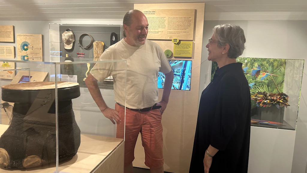 Zwei Personen unterhalten sich in einer Ausstellung des Zollmuseums. Im Hintergrund sind verschiedene Exponate wie Tierpräparate, Diagramme und Informationstafeln zu sehen. Im Vordergrund befindet sich ein grosses Objekt aus einem Tierfuss in einer Vitrine.  