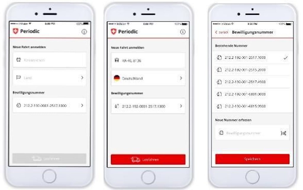 Drei Smartphone-Screenshots zeigen die Periodic App mit Formularen zur Anmeldung einer neuen Fahrt. Sichtbar sind Felder fuer Land, Bewilligungsnummer und eine Auswahl bestehender Nummern.