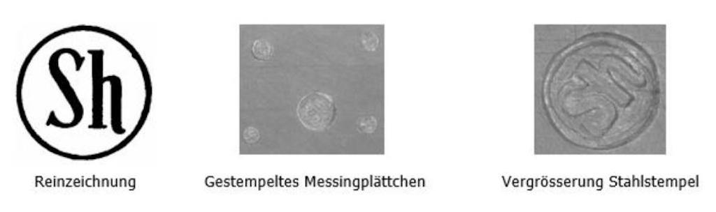 Abbildung einer Stempelmarke mit den Buchstaben Sh. Links die Reinzeichnung, in der Mitte ein gestempeltes Messingplättchen, rechts die Vergrösserung des Stahlstempels.