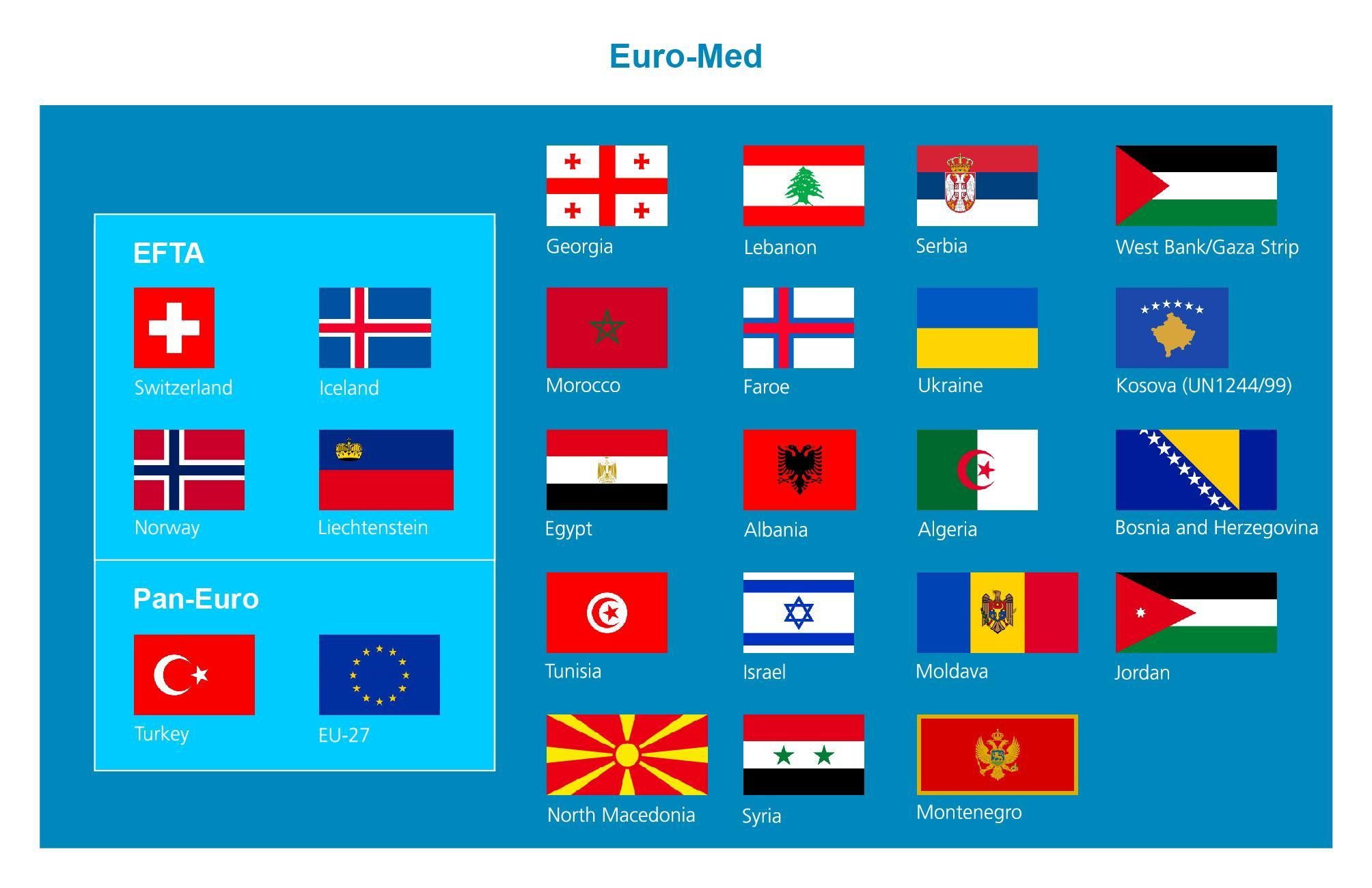 Eine Grafik zeigt die Euro-Med Länder mit ihren Flaggen auf einem blauen Hintergrund. Sie ist in zwei Gruppen unterteilt: EFTA und Pan-Euro.