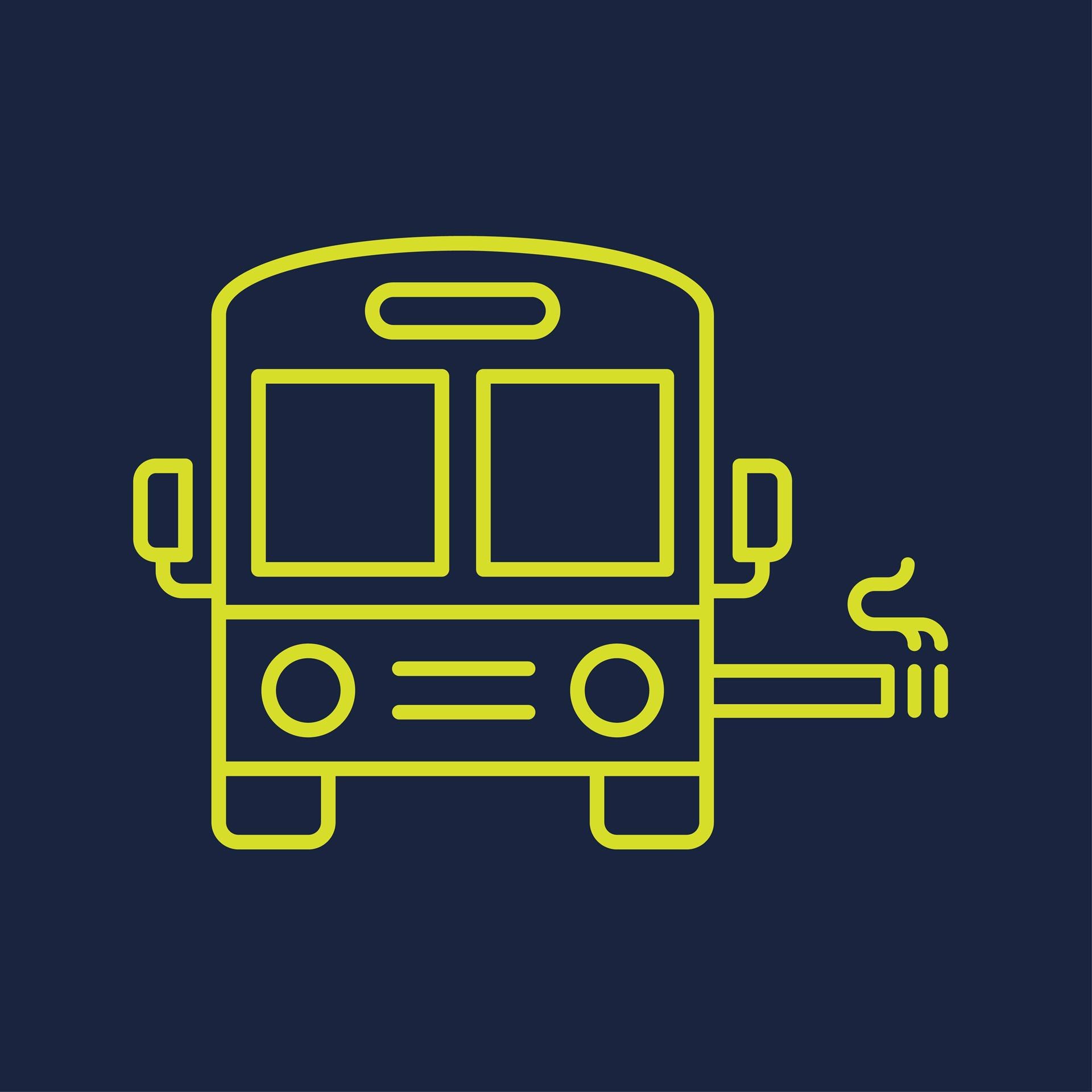 Ikon eines Busses mit Auspuff in Gelb auf Dunkelblau.