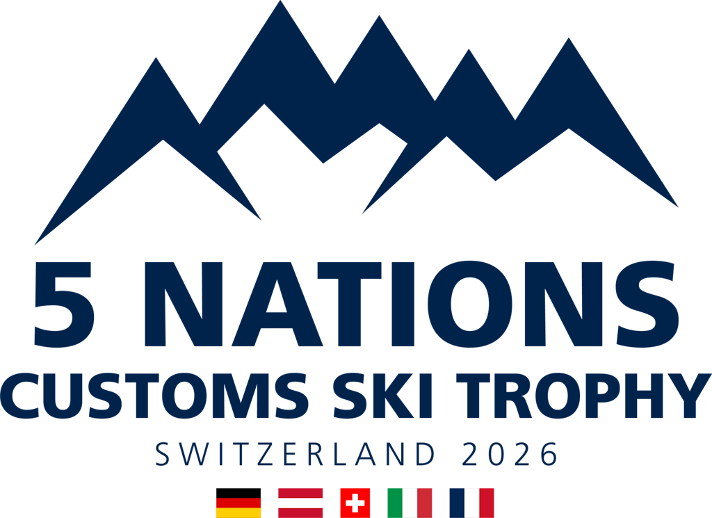 Logo der 5 Nations Customs Ski Trophy 2026 in der Schweiz. Es zeigt stilisierte Berge sowie die Fahnen von Spanien, Oesterreich, Schweiz, Italien und Frankreich.