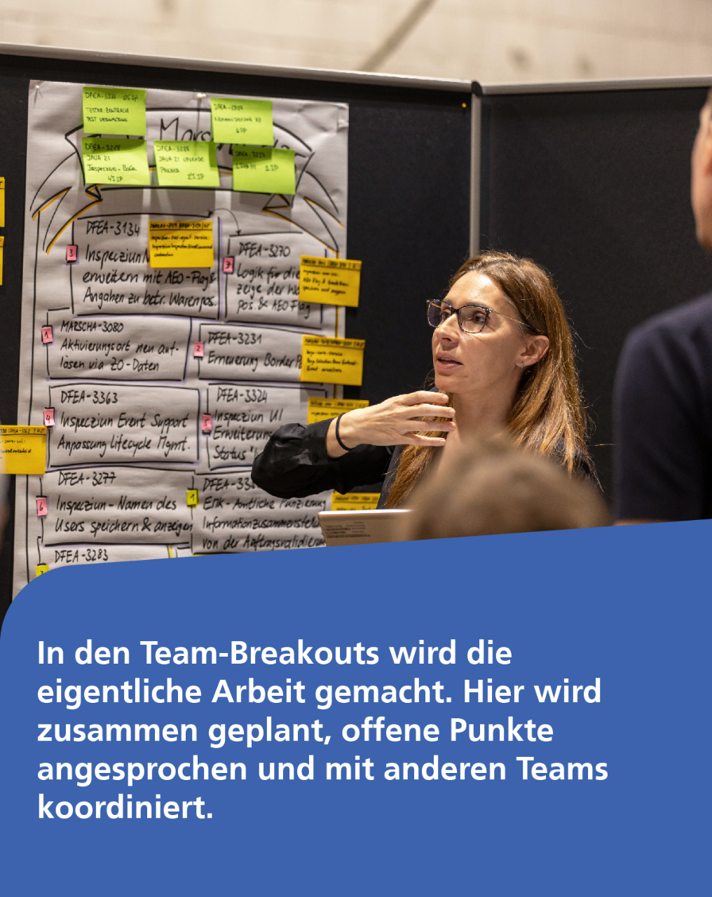 In den Team-Breakouts wird die eigentliche Arbeit gemacht. Hier wird zusammen geplant, offene Punkte angesprochen und mit anderen Teams koordiniert.