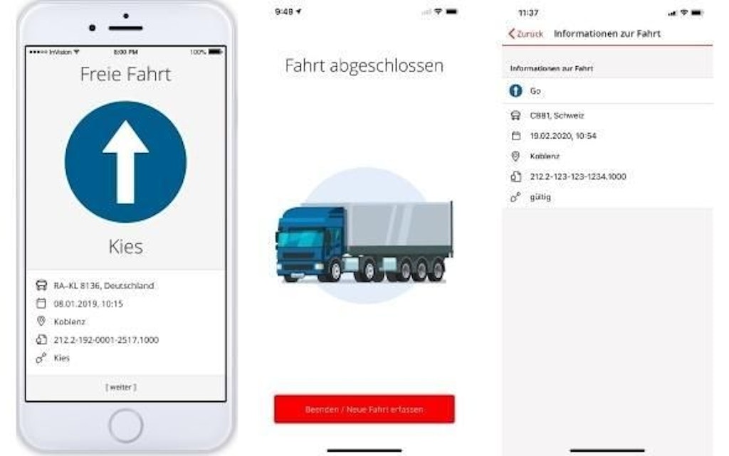 Mehrere Smartphone-Screenshots zeigen verschiedene Ansichten der Periodic App nach Abschluss einer Fahrt. Sichtbar sind eine Freigabeanzeige, eine LKW-Illustration sowie Detailinformationen zur Fahrt in mehreren Sprachen.