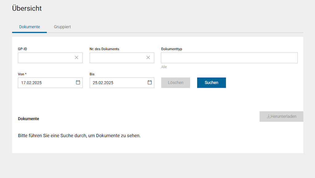 Benutzeroberfläche zur Suche von Dokumenten nach bestimmten Kriterien.