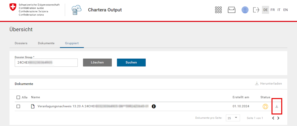 Screenshot der Anwendung Chartera Output der Schweizerischen Eidgenossenschaft in deutscher Sprache. Das Fenster zeigt den Tab „Gruppiert“ mit einer Liste von Dokumenten, dem Erstellungsdatum und einer Schaltfläche zum Herunterladen des Dokuments.
