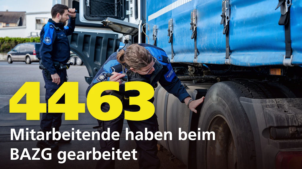 Zwei Mitarbeitende des BAZG kontrollieren einen Lastwagen auf einem Parkplatz. Im Vordergrund ist eine grosse gelbe Zahl "4463" zu sehen, die auf die Anzahl der Mitarbeitenden beim BAZG hinweist. Die Szene zeigt eine typische Kontrolle im Arbeitsalltag des BAZG.