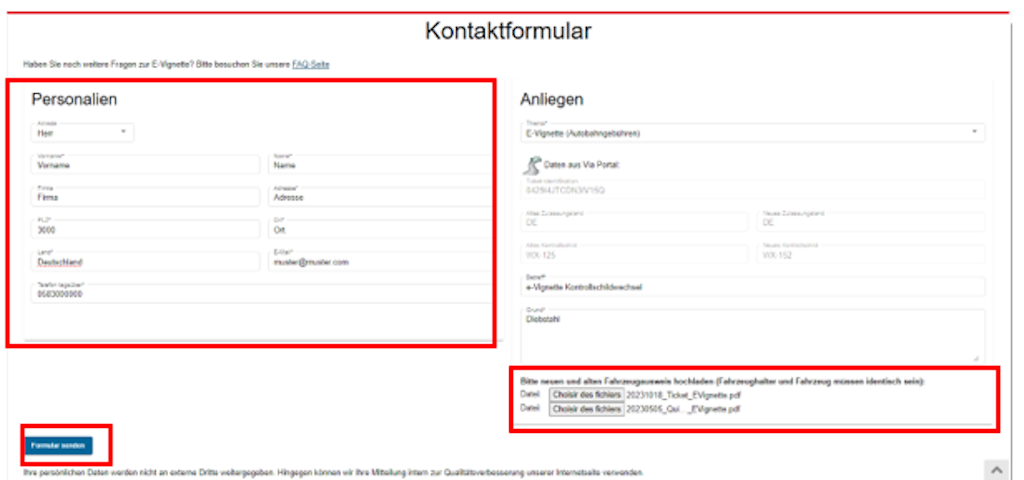 Ein Online-Kontaktformular mit Feldern für Personalien und Anliegen. Der Benutzer kann persönliche Daten eingeben und Dateien hochladen.