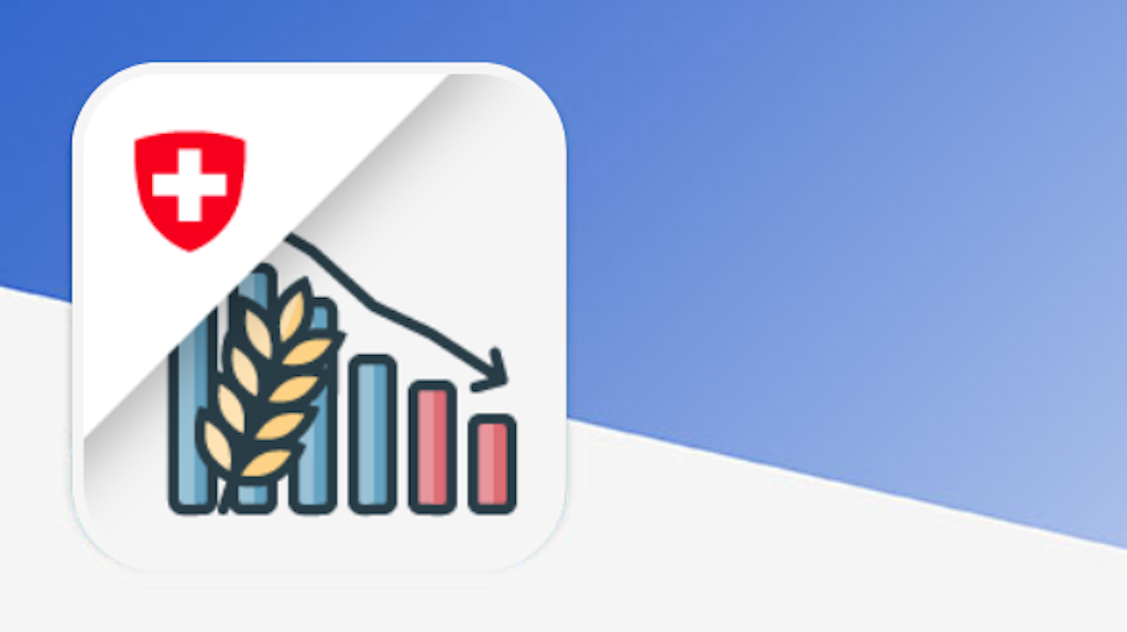 Ein Icon zeigt ein Diagramm mit einem abwärts gerichteten Pfeil und einem Weizenähren-Symbol. Oben links ist ein Schweizer Wappen zu sehen.