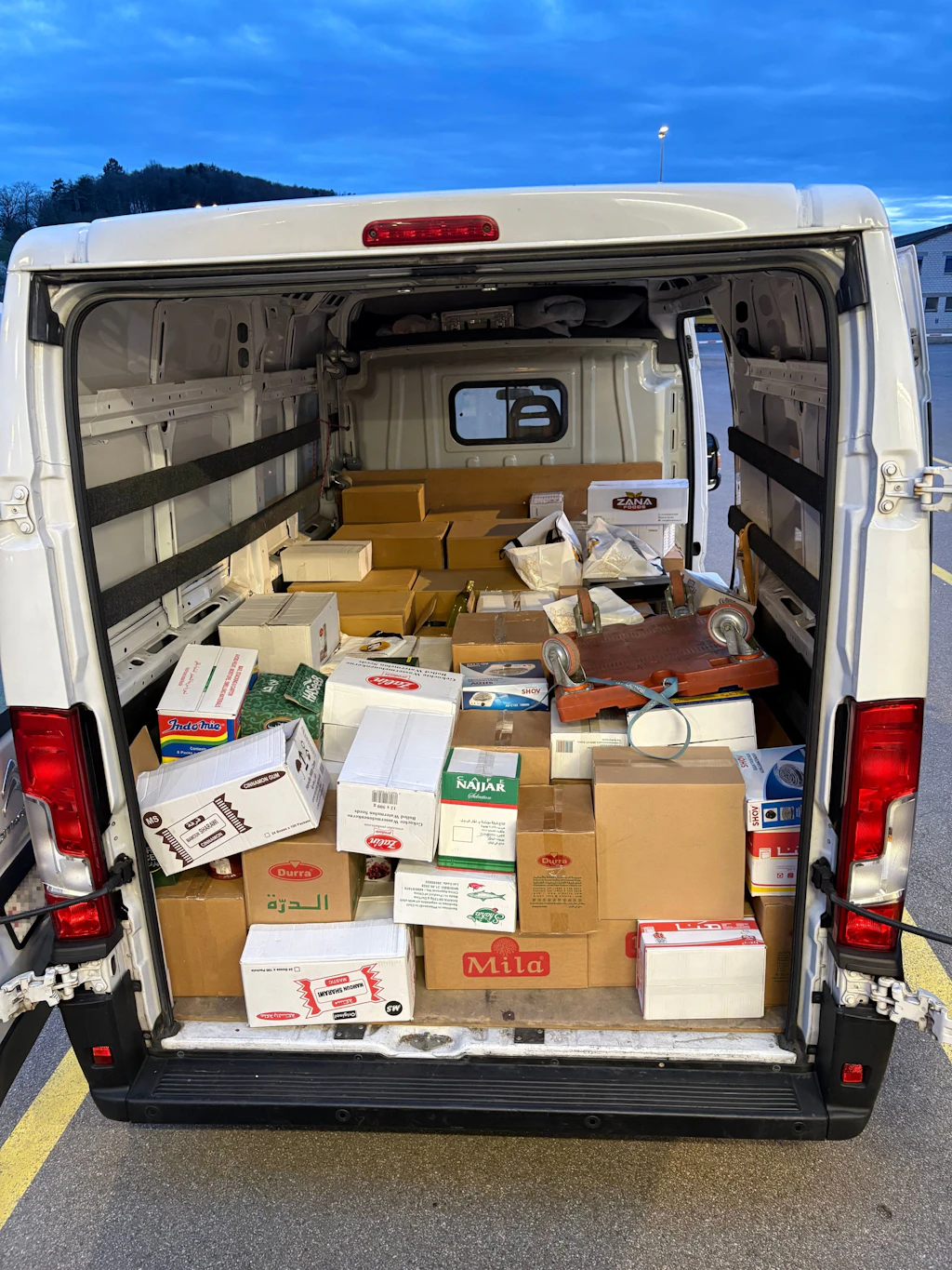 Ein geöffneter Lieferwagen ist voll mit zahlreichen Kartons und Paketen verschiedener Marken. Die Ladung scheint für den Transport von Lebensmitteln oder Handelswaren bestimmt zu sein. Im Hintergrund ist eine Strasse und ein bewölkter Himmel zu sehen.  