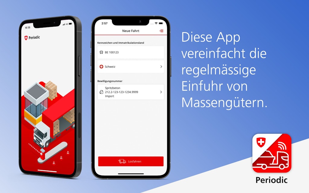 Banner mit zwei Smartphones, die die Periodic App zeigen, sowie einer Illustration eines Lastwagens und Text zur vereinfachten regelmaessigen Einfuhr von Massengütern. Das Periodic Logo ist unten rechts sichtbar.