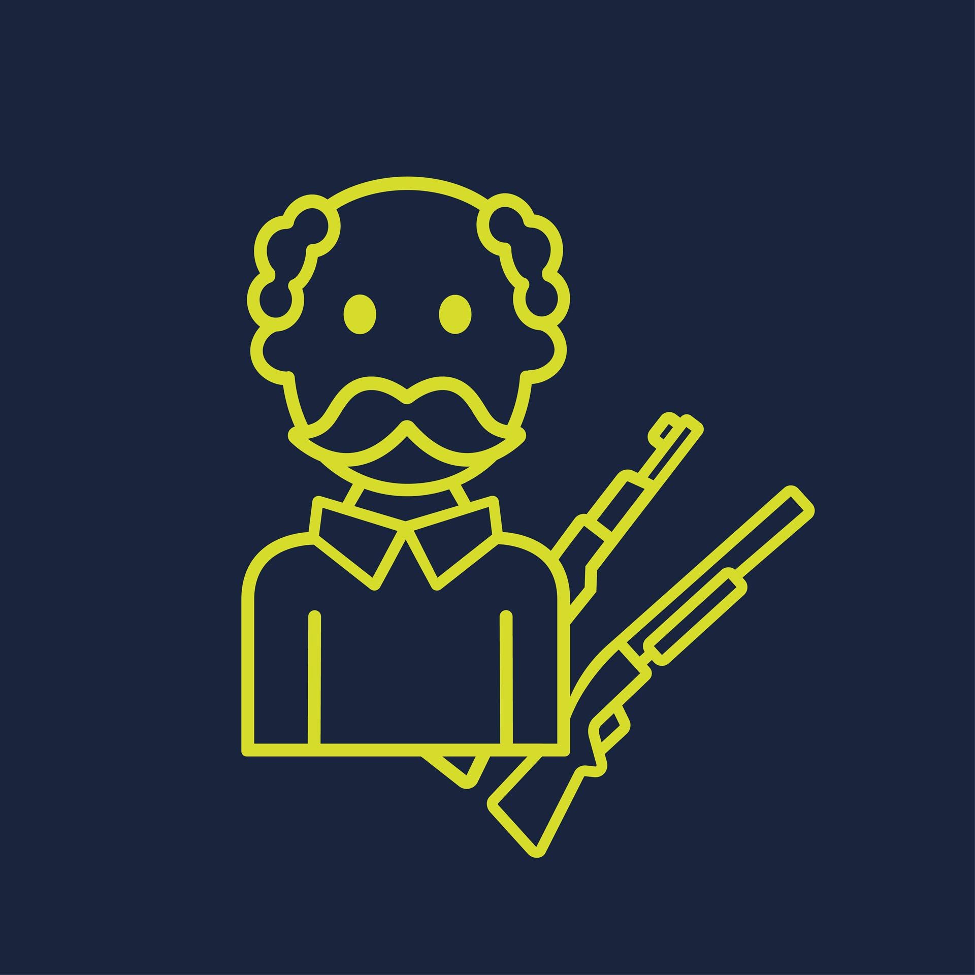 Ikonischer Wissenschaftler mit Gewehren im Hintergrund.