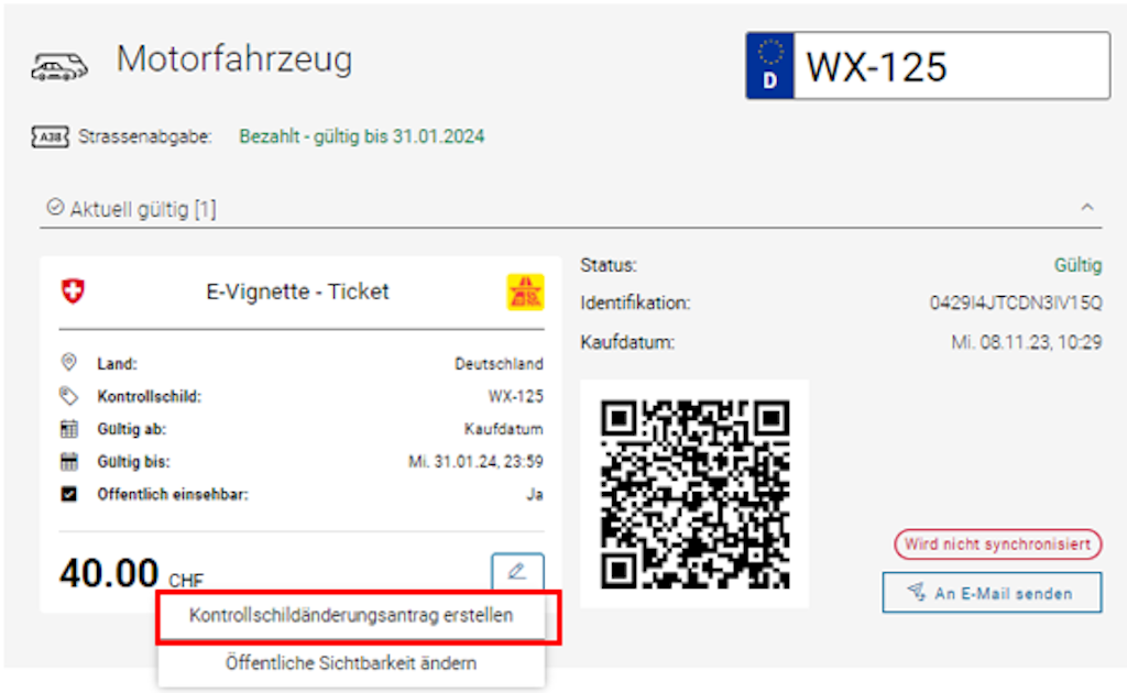 Für im Ausland immatrikulierte Fahrzeuge werden Sie ebenfalls aufgefordert, das Formular mit Ihren persönlichen Daten und den erforderlichen Dokumenten auszufüllen, wenn die Korrektur nach 24 Stunden erfolgt.