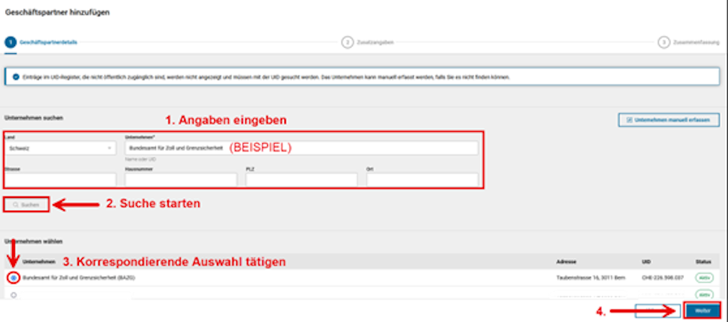 Unternehmen eingeben ePortal