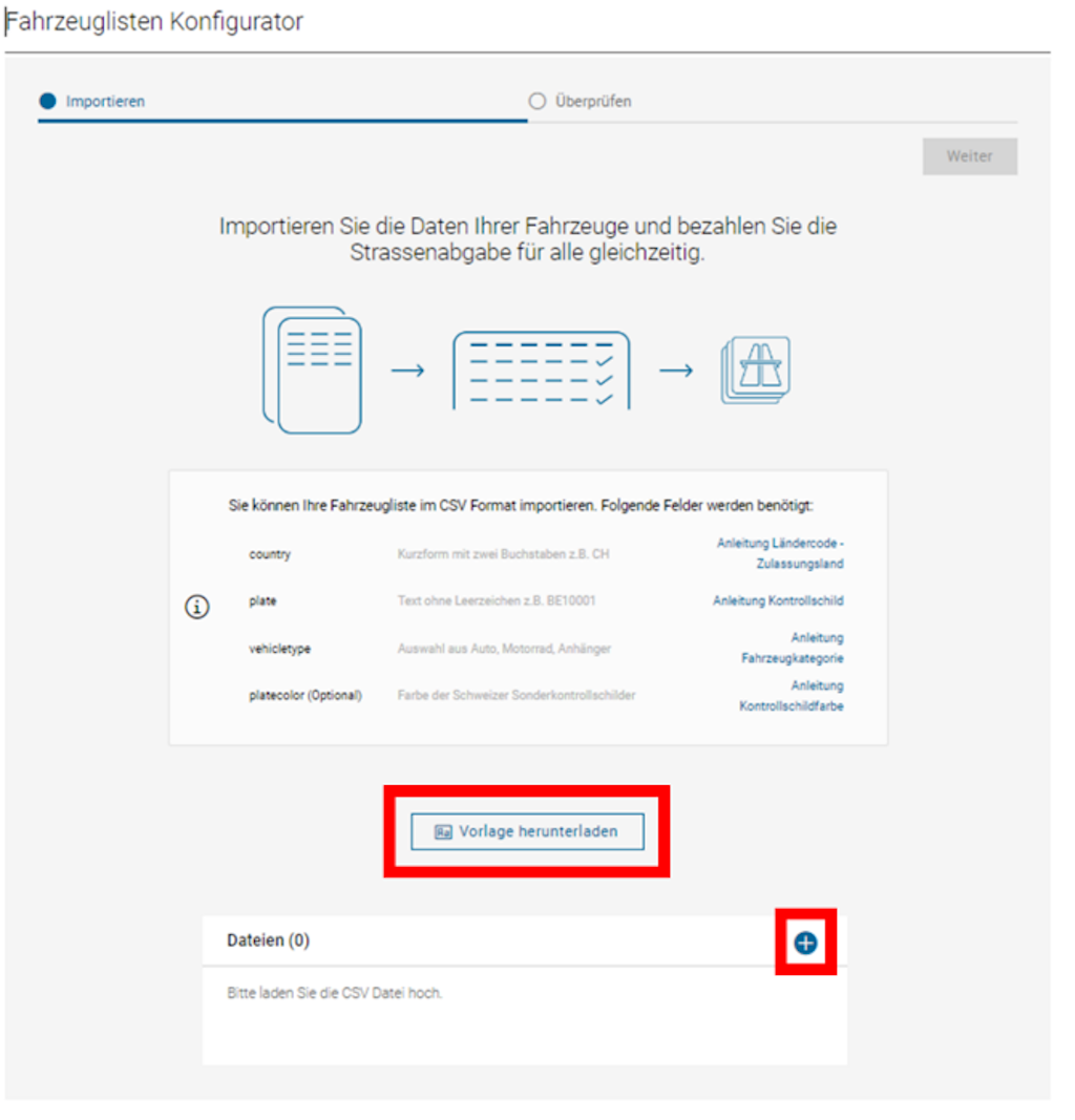 Der Fahrzeuglisten Konfigurator ermöglicht das Importieren von Fahrzeugdaten im CSV-Format. Nutzer können die Daten ihrer Fahrzeuge importieren und die Strassenabgabe gleichzeitig bezahlen.