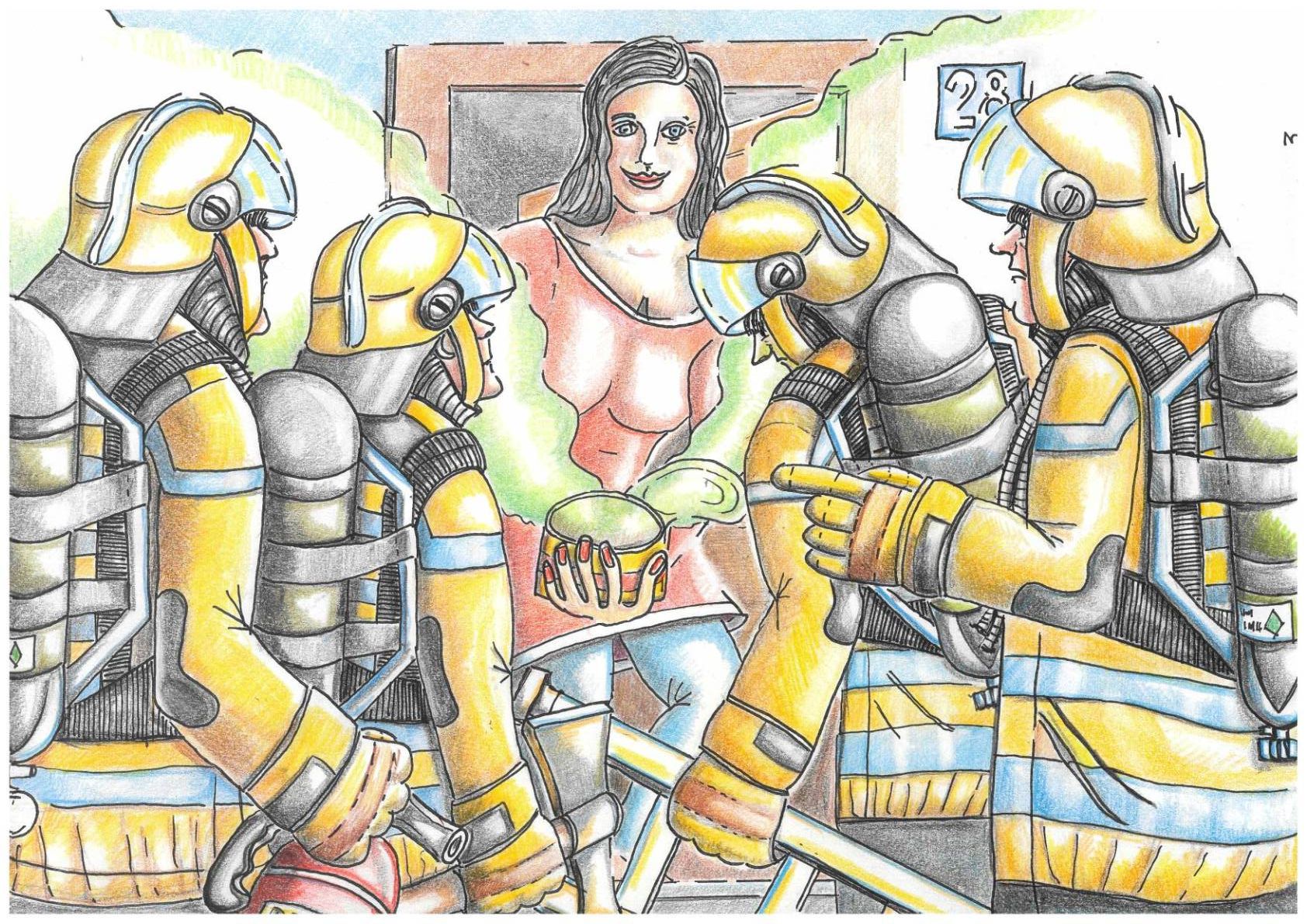 Eine Gruppe von Feuerwehrleuten in Schutzkleidung besucht eine Frau, die eine Dose hält.  