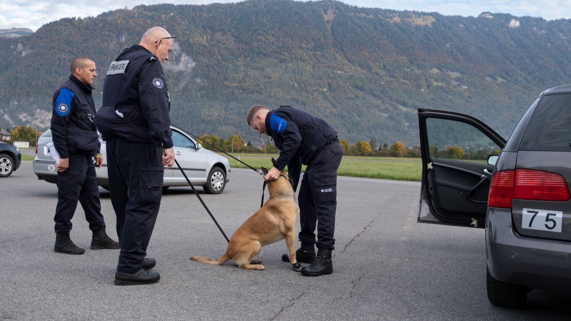 Drei Personen in Uniform mit einem Hund bei einer Kontrolle auf einem Parkplatz. Ein Mann wechselt das Halsband des Hundes.  