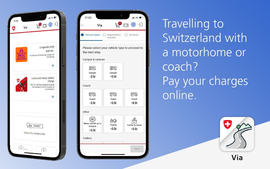 Two smartphones display the Via app, used for online payment of fees in Switzerland. The app offers options for different vehicle types.