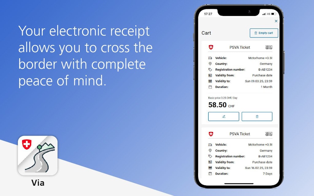 A smartphone displays a digital receipt for a PSVA ticket. The text beside it states that you can cross the border stress-free with the digital receipt.
