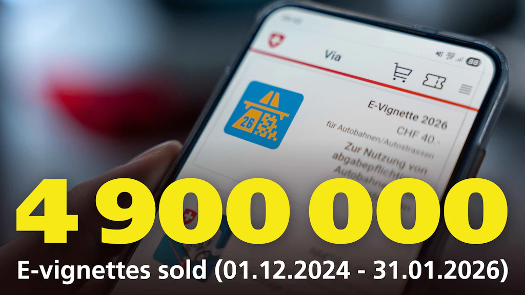 A smartphone displays the Swiss 2026 e-vignette on its screen. In the foreground, the number 4,900,000 and the note about e-vignettes sold from 01.12.2024 to 31.01.2026 are visible.