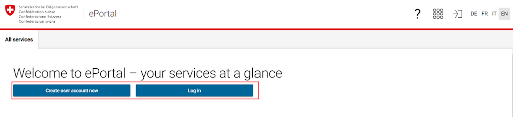  The homepage of the Swiss Confederation's ePortal displays two main options: create a user account and log in.