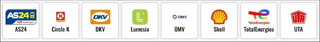 A series of images with logos of various fuel card providers, including AS24, Circle K, DKV, Lumesia, OMV, Shell, TotalEnergies, and UTA.