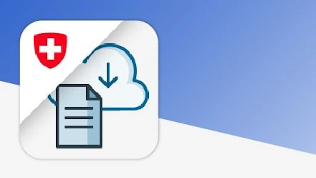 An icon with a document and a cloud with a download arrow. A Swiss emblem is visible at the top left.