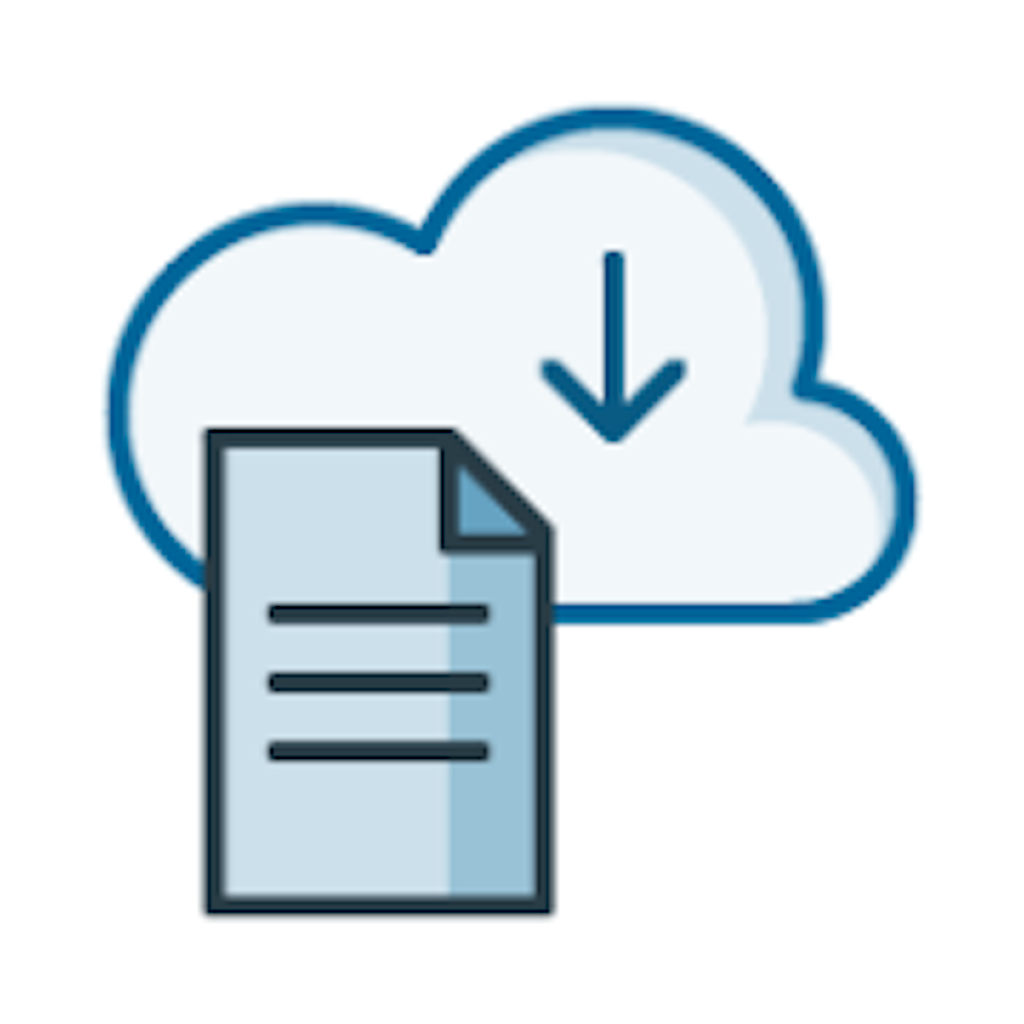 An image shows a document icon with a downward arrow against a cloud background. This symbolizes downloading documents from the cloud. 