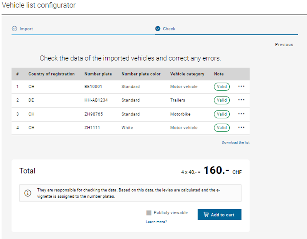Screen view of a vehicle list configurator with imported vehicle data. The table shows registration country, license plate, vehicle category, and notes.