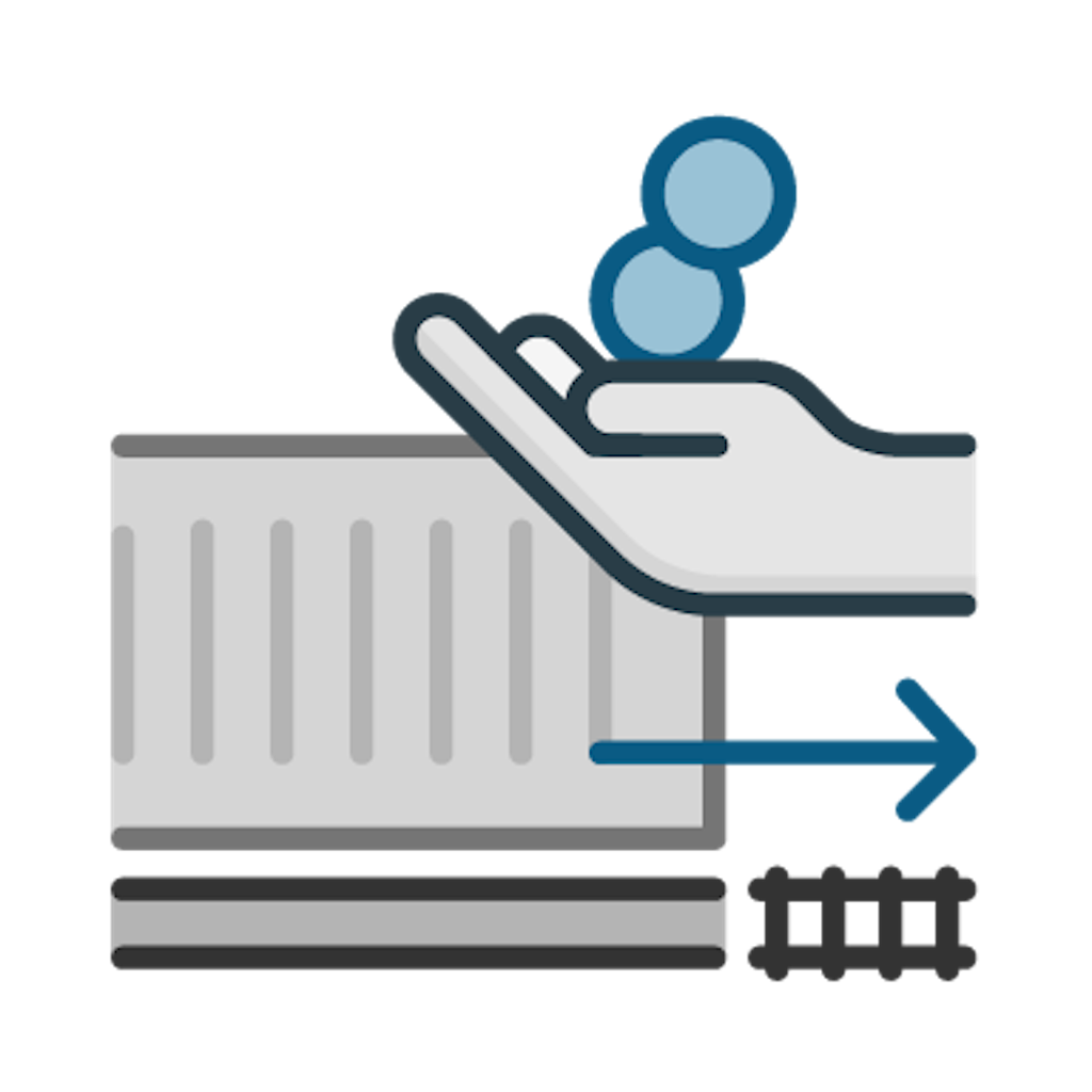 A stylized logo shows a hand with coins above a container and an arrow pointing to tracks. It symbolizes unaccompanied combined traffic.