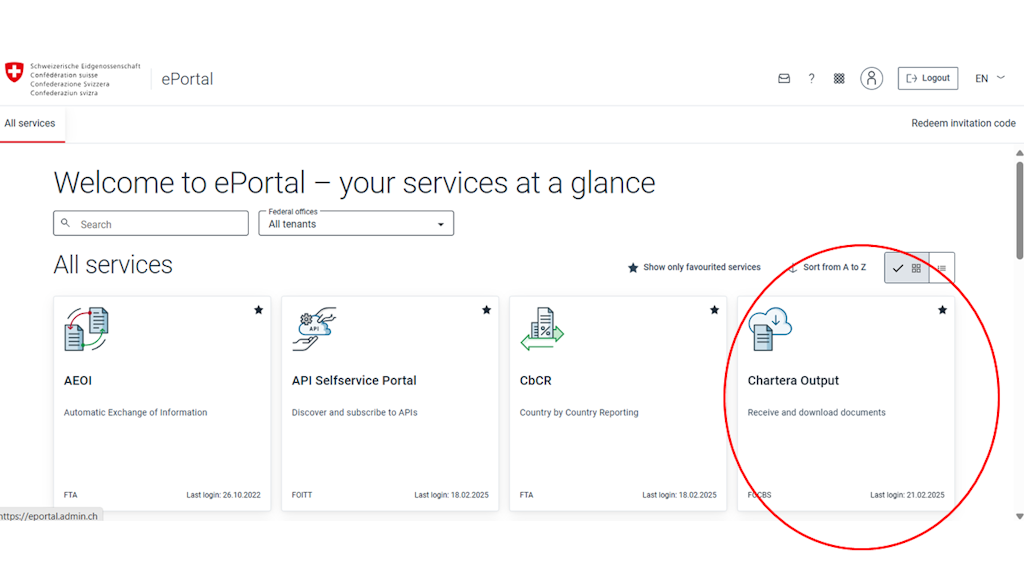 Screenshot of the Swiss Confederation's ePortal with various service options. The "Chartera Output" section is highlighted.